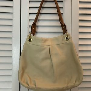Cream/White and Tan Leather Shoulder Bag